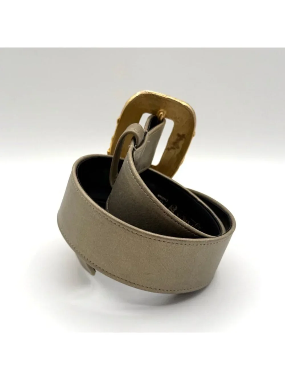 Vintage Sharon Burch Dallas Gold Tone Leather Belt Hammered M.C.M. Italy Buckle